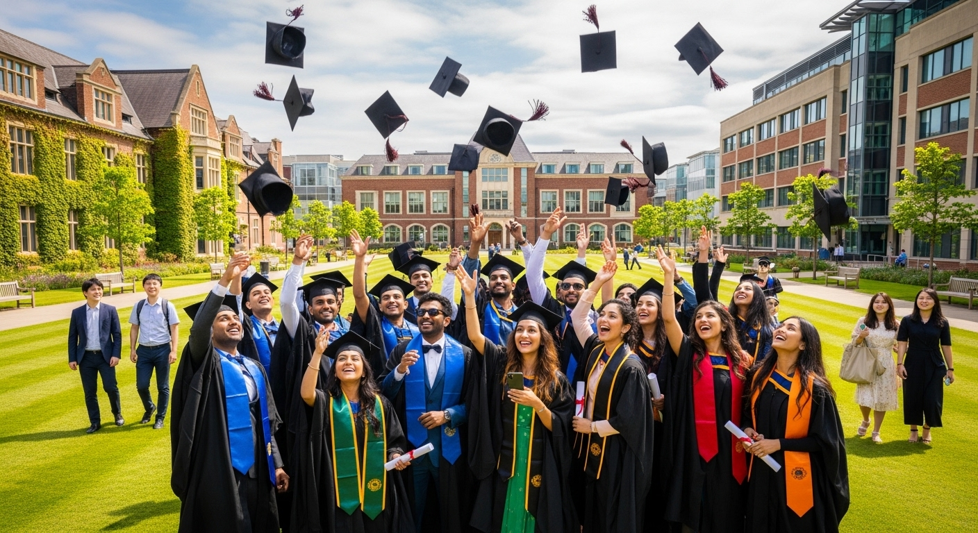 International students celebrating graduation success